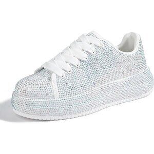 Women's White Rhinestone Sparkly Glitter Bling Tennis Fashion Shoes Sneakers